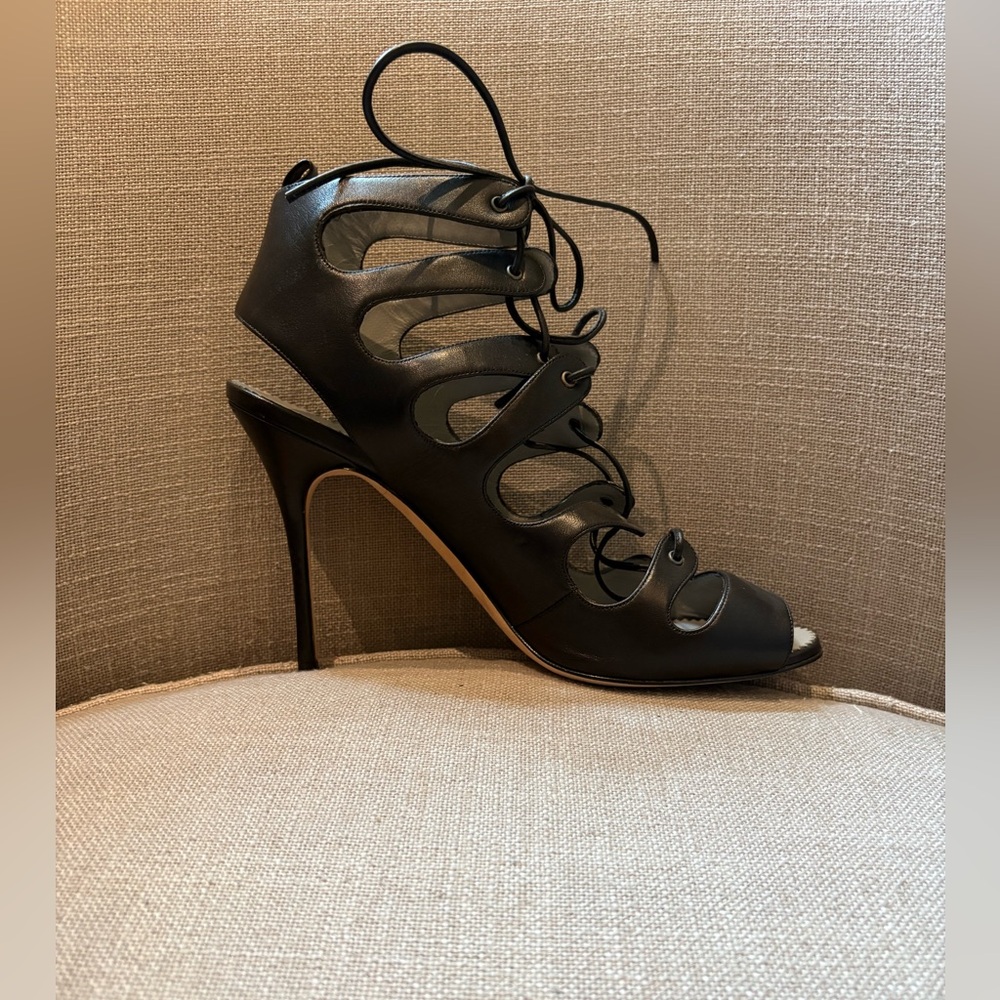 Manolo Blahnik Black Leather Lace-Up Cutout Sandals